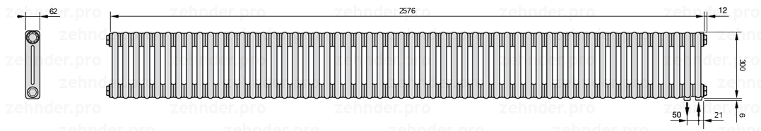 Схема (чертеж) Радиатор Zehnder Charleston 2030/56 №5510 Белый глянцевый RAL 9016